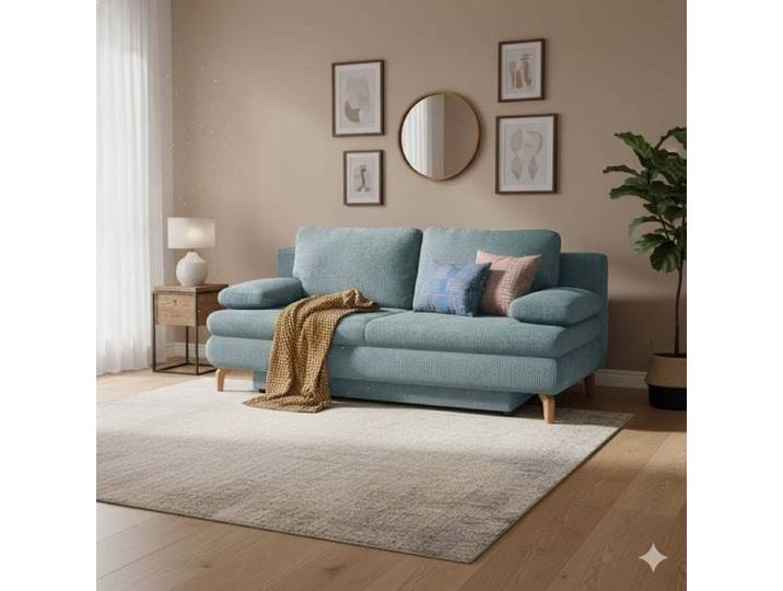 Schlafsofa Maranca Webstoff/Cord mit Bettkasten Kunstfaser 91x200x92cm Blau retro/vintage
