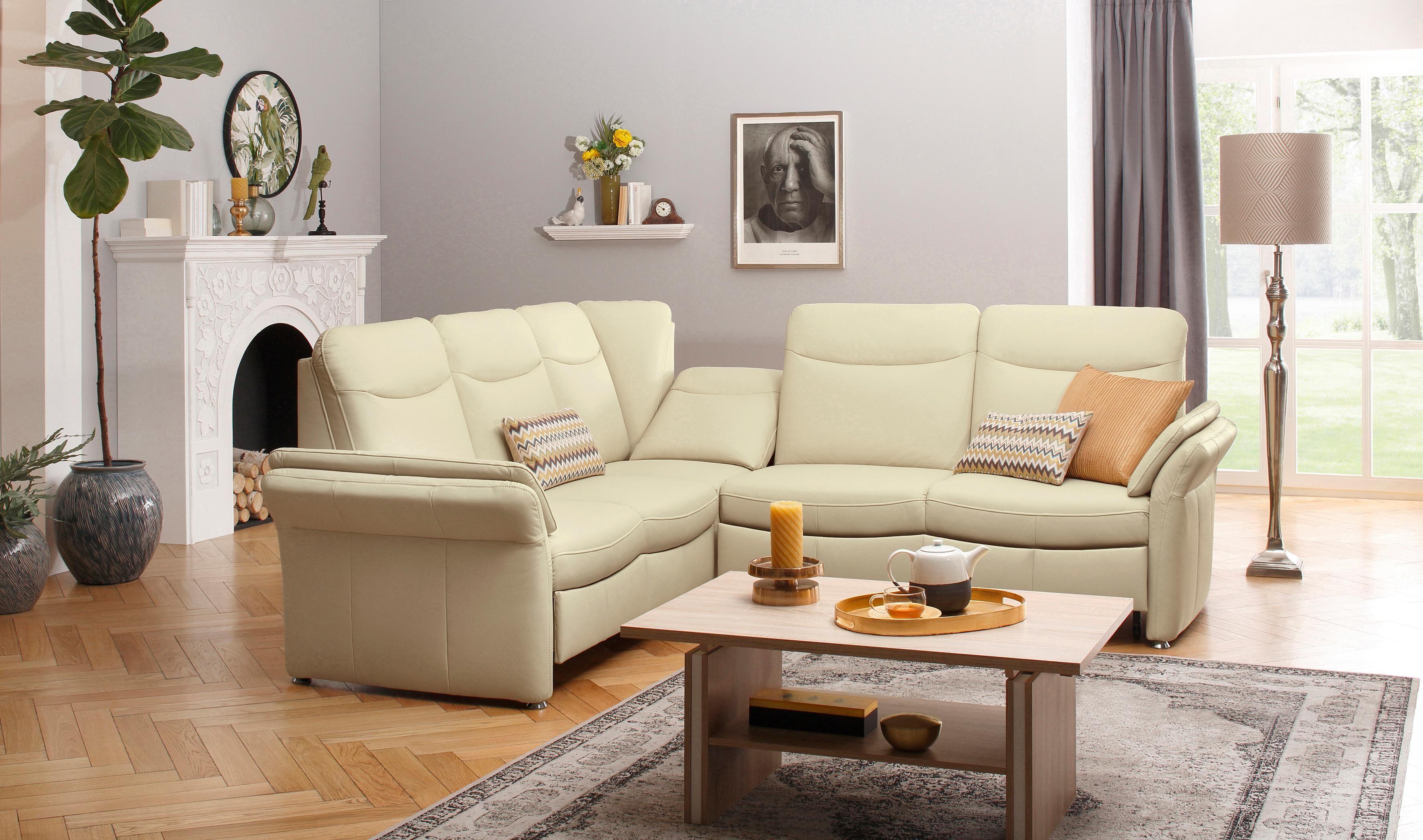 Ecksofa HOME AFFAIRE "Tahoma L-Form", beige (creme), B:251cm H:103cm T:231cm, Sofas, Ecksofa, mit Armlehnfunktion, optional Schlaffunktion, Schublade & Relax creme B/H/T: 251cm x 103cm x 231cm, Kunstleder NaturLEDER®, langer Schenkel rechts,mit Bettfunkti