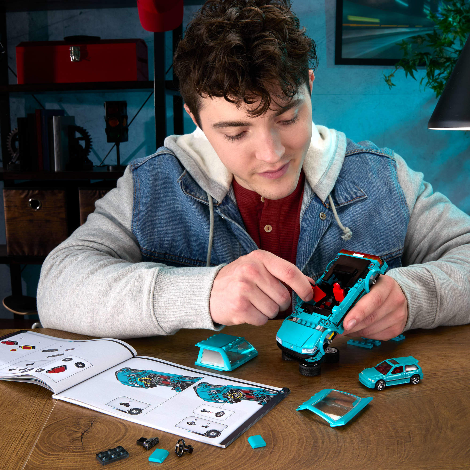 Modellbausatz MATTEL "Mattel Brick Shop Hot Wheels Speed Honda 2", blau (bunt), Modellbausätze, Kinder, Metall, Modellbausatz