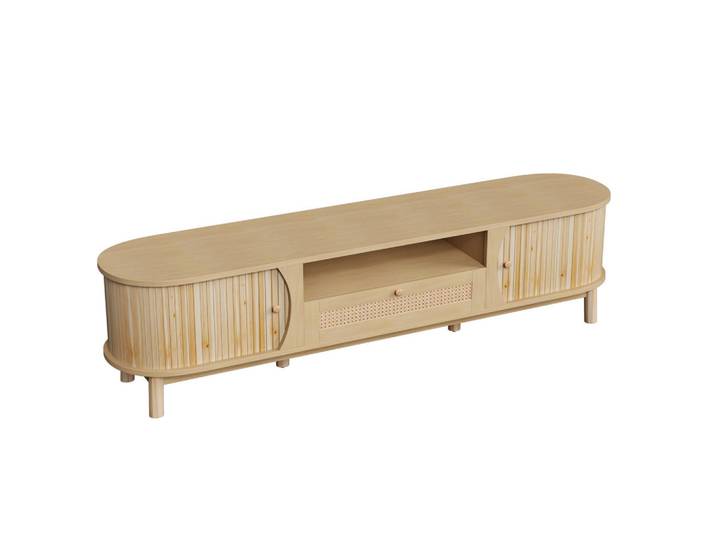 ComfortXL Lowboard De-40238 mit Rattan-Schubladen und Schiebetüren Natur, Naturfarben, 165x46x37 cm, Wohnzimmer, TV Möbel, Lowboards, Lowboards stehend