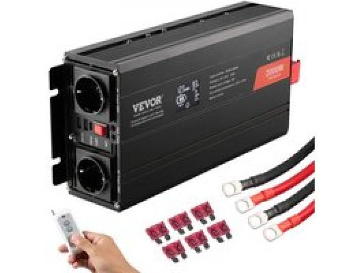 VEVOR Wechselrichter mit reiner Sinuswelle 2000W DC 12V AC 230V Spannungswandler mit 2 AC-Steckdosen 2 USB-Anschlüssen 1 Typ-C-Anschluss LCD-Display und Fernbedienung für mittelgroße Haushaltsgeräte
