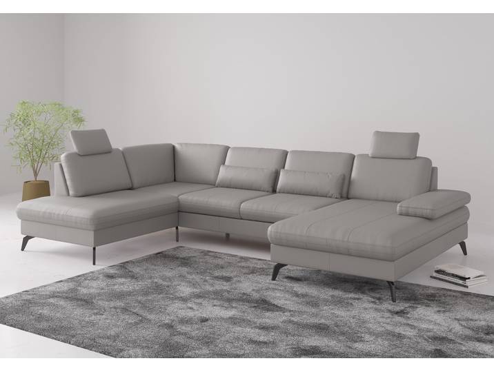 Wohnlandschaft, Grau, 335x212 cm, Naturleder, Mit Armteilverstellung, Modern, sit&more