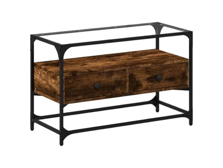 Roanoer TV-Schrank Räuchereiche Glasplatte Metall 80x35x51cm Industrielles Lowboard fürs Wohnzimmer mit 2 Schubladen, robuster Glasablage und stabilem Metallgestell für Ordnung.