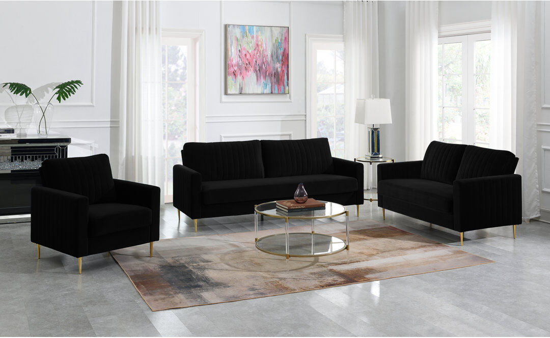 Fairmont Park Marienville 3 Piece Velvet Standard Living Room Set Black 3