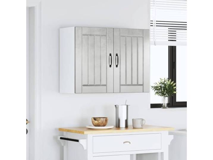 Lucca Wandschrank für die Küche, grau, Beton, Holz Hängeschrank für die Wand, Glastür, Aufbewahrung von Schüsseln, Tellern, Töpfen, glatte Oberfläche, feuchtes Tuch reinigen