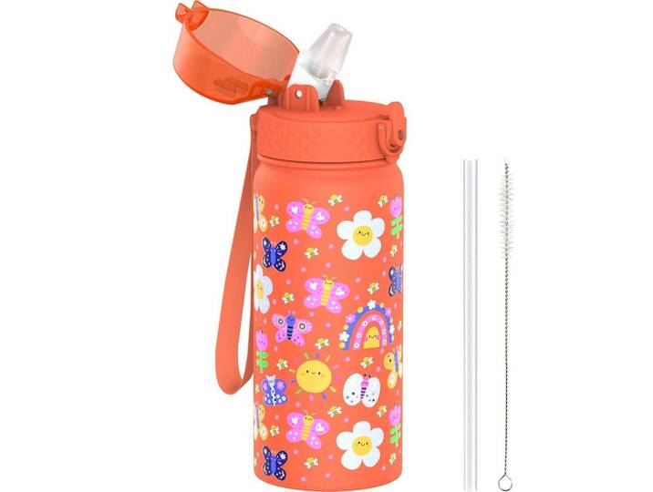 Kinder Trinkflasche 420 ml Edelstahl mit Strohhalm doppelwandig isoliert BPA-frei, Mehrfarbig, Metall, 7.5x7.5 cm, Geschirr, Kannen & Karaffen, Trinkflaschen
