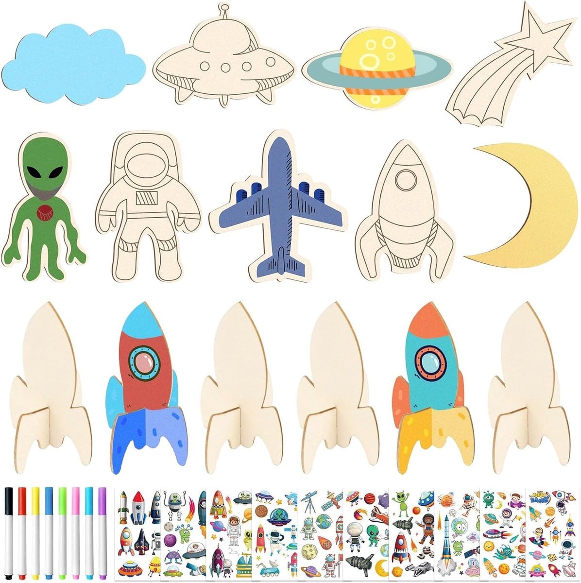 33-delige Houten Raketten Knutselset voor Kinderen voor Creatief Schilderen en DIY Ambachten
