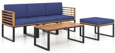 Costway 5-Piece Patio Acacia Wood Chair Set with Ottoman and Coffee Table-Navy