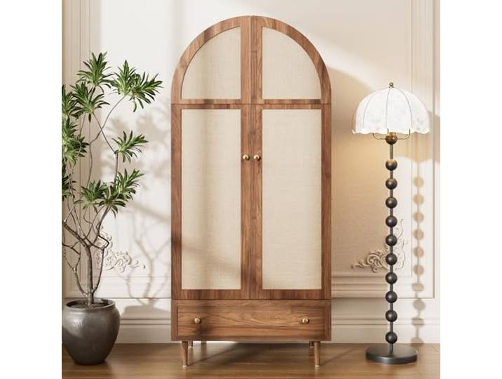 Merax Kleiderschrank 79x50x175cm,mit Stofftüren & Schublade, Elegante Garderobe mit stabilem Stand, praktischer Stauraum, für Schlafzimmer, Ankleidezimmer oder Gästezimmer, Holzfarbe