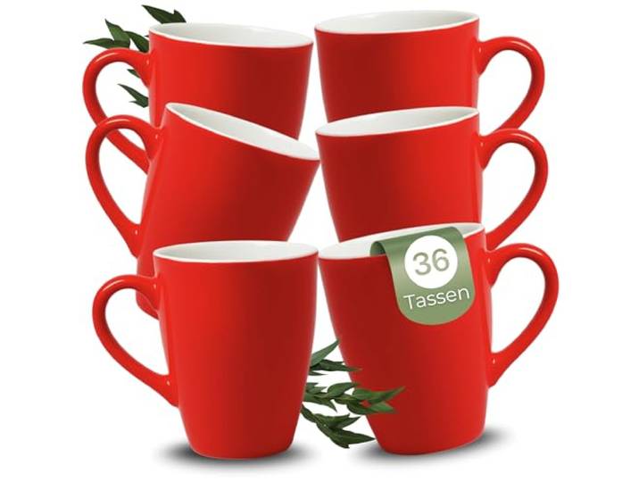 Kaffeetassen 36er Set aus Keramik 340ml - Teetassen Set in Rot, Kaffeebecher Spülmaschinenfest