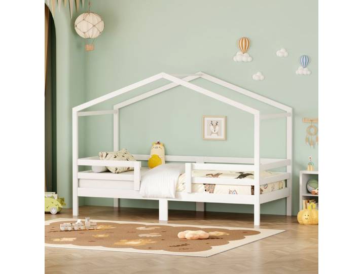 Lit enfant lit 90x200 cm en pin massif pour les garçons et les filles Conception du toit de maison Sans matelas Blanc