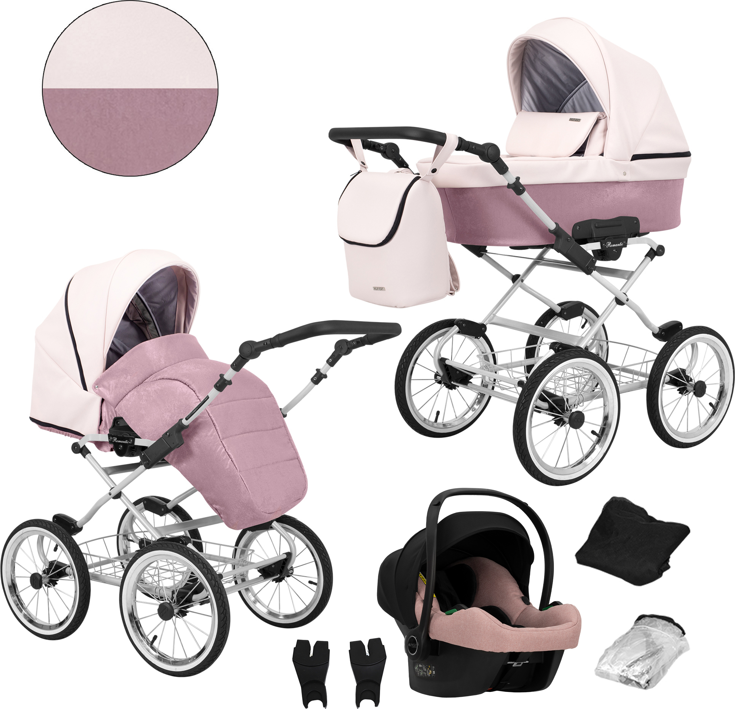 Kinderwagen ROMANTIC Sportwagen Babywagen Babyschale Komplettset Kinder Wagen Set 3 in 1 (ROM-15, Rahmenfarbe: grau)