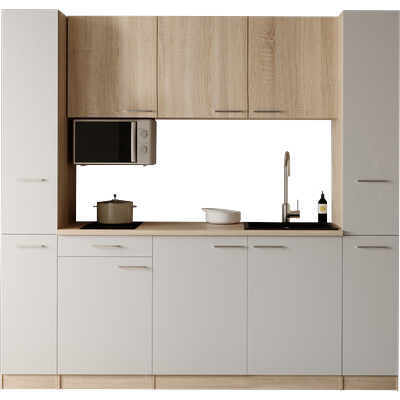 Küchenzeile RESPEKTA "Ingrid, inkl. Mikrowelle", beige (küche: weiß, front: weiß, eiche nordic, korpus: eiche nordic, arbeitsplatte: eiche nordic), B:210cm H:200cm T:60cm, Komplettküchen-Sets, Küchenzeile, zerlegt, wahlweise mit Kühlschrank,...