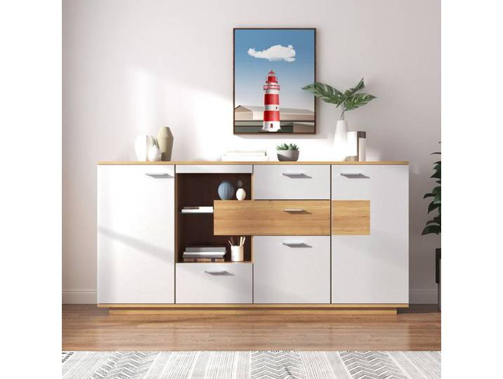 Comfyu - Buffet rectangulaire 160x40x77 cm 2 portes 4 tiroirs éclairage LED style moderne pour salon ou salle à manger - Blanc