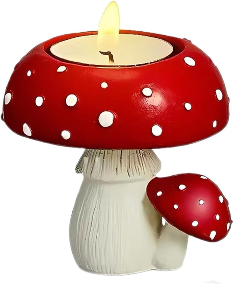 Mushroom Tealight Houder - Decoratieve Votive Kaarsenstandaard - Rood Wit - 7 x 6 cm