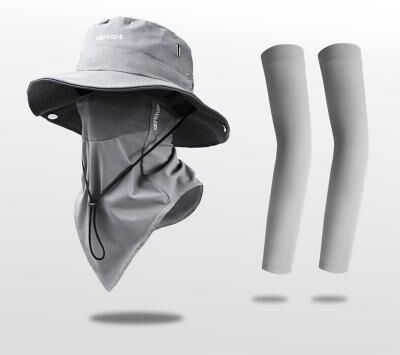 LightInthebox UPF 50 Sun Protection Hat With Full Face Neck Coverage, UV Protection Bucket Hat with Face Cover and Arm Sleeves Set, Wide Brim Breathable Fishing Hat for Men, Hiking, Camping