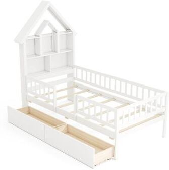 Costway Twin Size House Bed Kids Montessori Bed with House-Shaped Storage Headboard-White