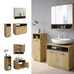Vicco Badmöbel-Set Badezimmer-Möbel Bad-Schrank Beatrice Eiche Anthrazit modern Badezimmerschrank Waschtischunterschrank Spiegelschrank Midischrank Schranktür Schrankfach