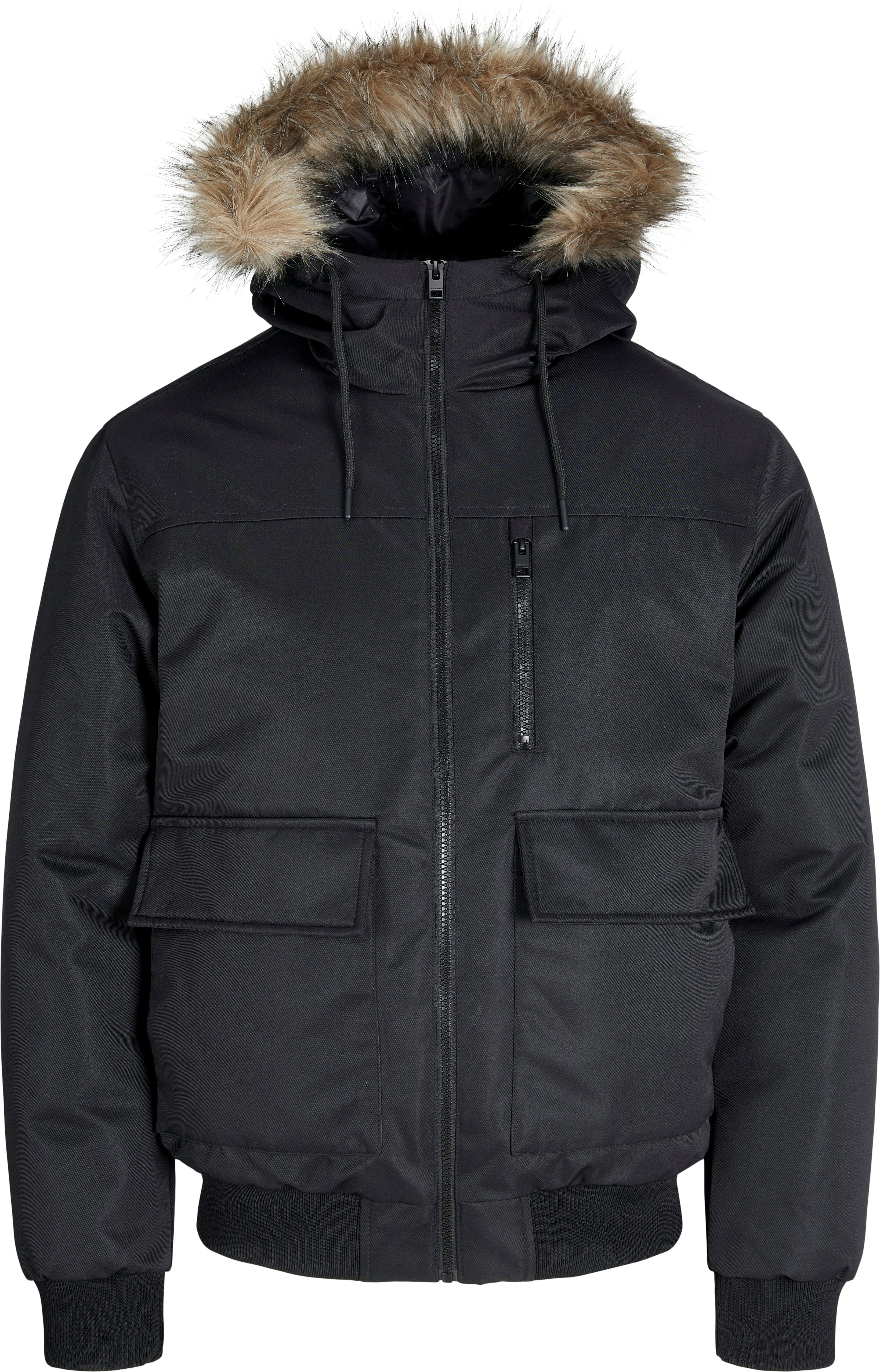 Bomberjacke JACK & JONES "JJCHARLIE DETACHABLE FAUX FUR BOMBER", Herren, Gr. XL, schwarz, Web, Obermaterial: 100% Polyester, unifarben, regular fit, Jacken Bomberjacke schwarz XL