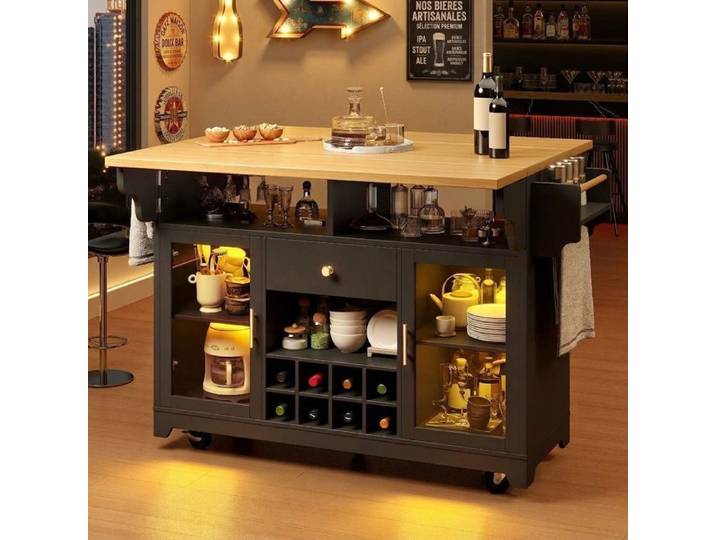 Norevia Desserte de Cuisine sur Roulettes avec LED RGB et Plateau Rabattable 95 cm Noir