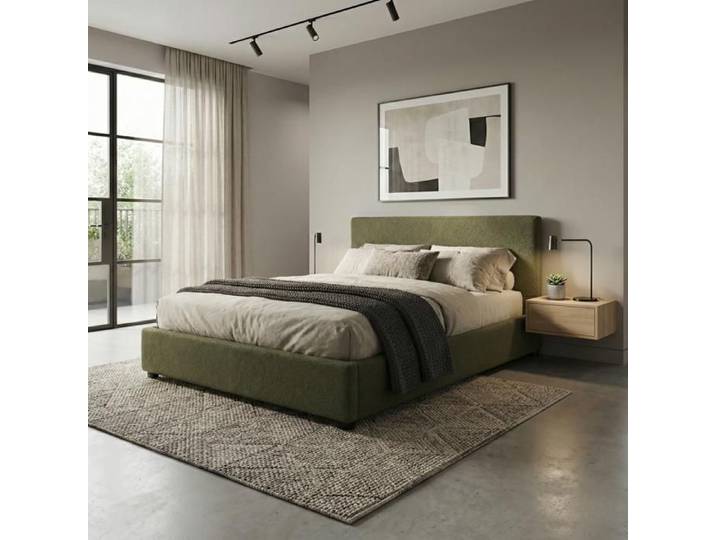 Lit Coffre Versailles 140x190 Cm – Tissu Bouclette Vert – Tête De Lit Incluse – Grand Espace De Stockage