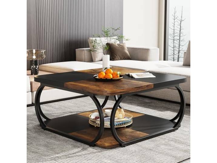 Tribesigns Couchtisch Quadratisch für Wohnzimmer, 100 x 100 x 50 cm Holzwerkstoff Couchtisch Niedrig Wohnzimmertisch für Modernes Wohnzimmer, Rustikales Braun Schwarz