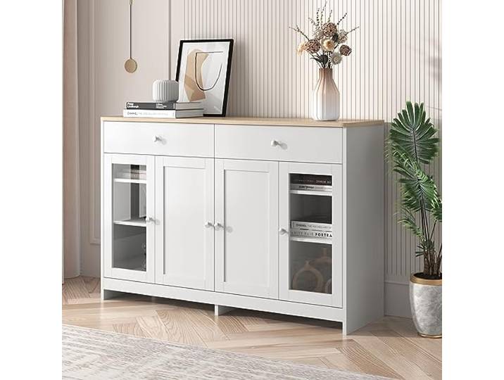 I0I&I0I Rustikaler Landhausstil Sideboard mit Glasfront (Weiß und Holzfarbe)