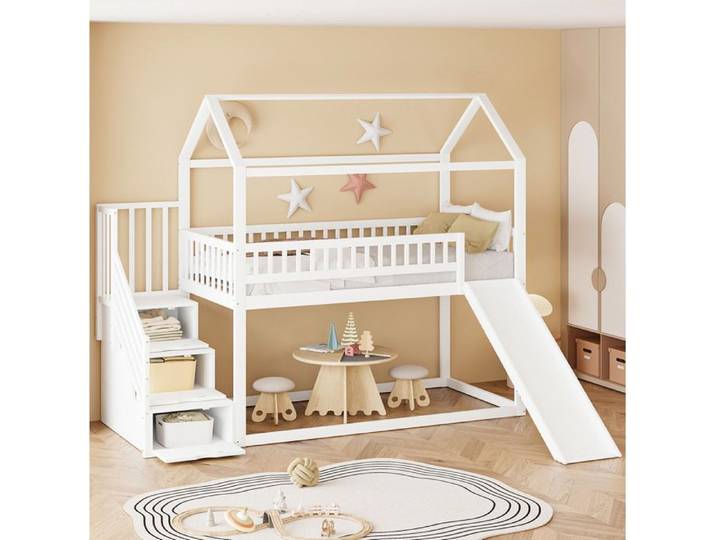 Lit cabane enfant 90×200 cm Lit mi-hauteur avec toboggan échelle de rangement et garde-corps élevés sans matelas