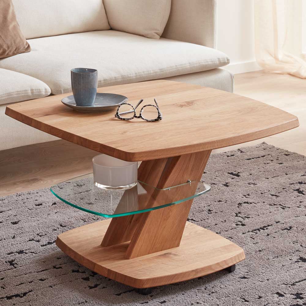 Pharao24.de Moderner Couchtisch aus Kernbuche Massivholz geölt höhenverstellbar rollbar
