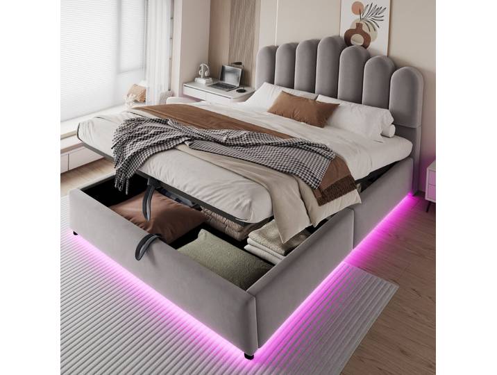 REDOM Polsterbett mit Samtbezug, LED-Lichtband, Jugendbett mit hydraulischem Stauraum (140x200 cm Stauraumbett, robustem Lattenrost und voluminösem Kopfteil, 1-tlg., Doppelbett Kinderbett), ohne Matratze