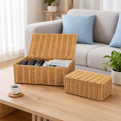 Garvee 2 pcs Rectangular Wicker Baskets with Lids for Organizing Shelf,Household Basket Boxes For Shelf Home Organizing