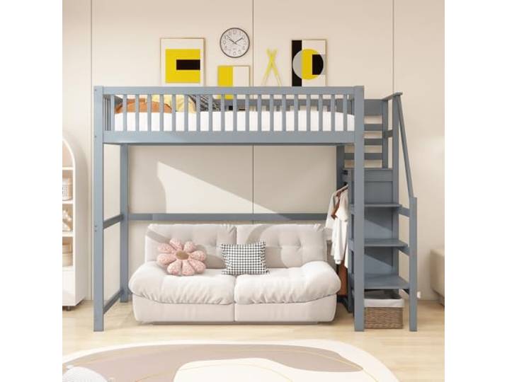Ball & Cast Hochbett 90x200 mit Treppe, Holzbettgestell mit Aufbewahrungsregal und einfachem Kleiderschrank für Schlafzimmer,Grau