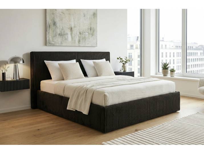 Polsterbett GOODPRODUCT AVVRA wahlweise mit Lattenrost und King-Matratze H3 (28cm) , schwarz, B:201cm H:118cm L:220cm, Betten, Polsterbett, mit flauschigen Breitcord-Bezug, Liegefläche 180x200cm