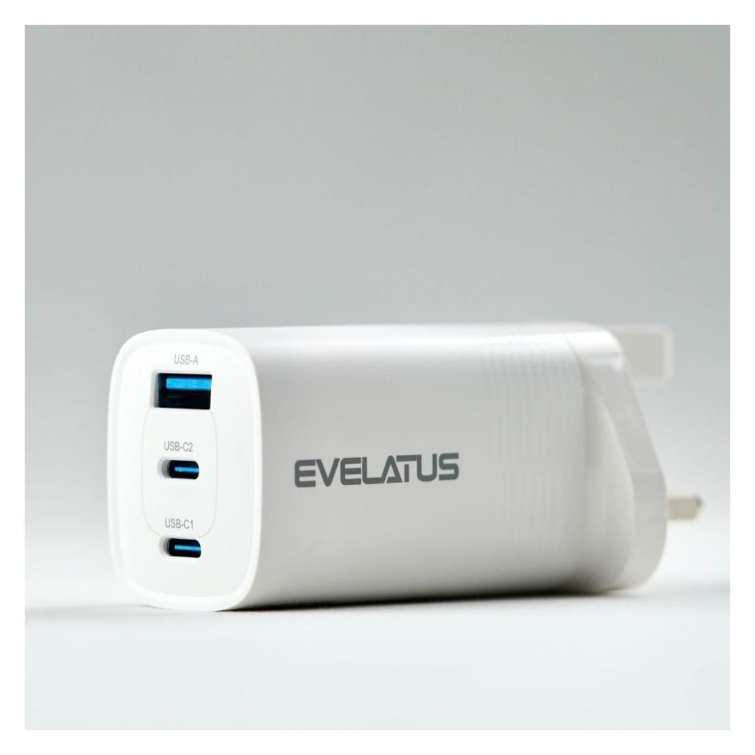 Evelatus 65W Max Fast Charger UK USB-C1/USB-C1/USB-A (65 W, 3 Ports) (EVELATUS)