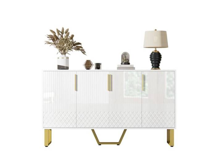 Buffet brillant 4 portes poignées et pieds métalliques design géométrique blanc 140L*40B*80H