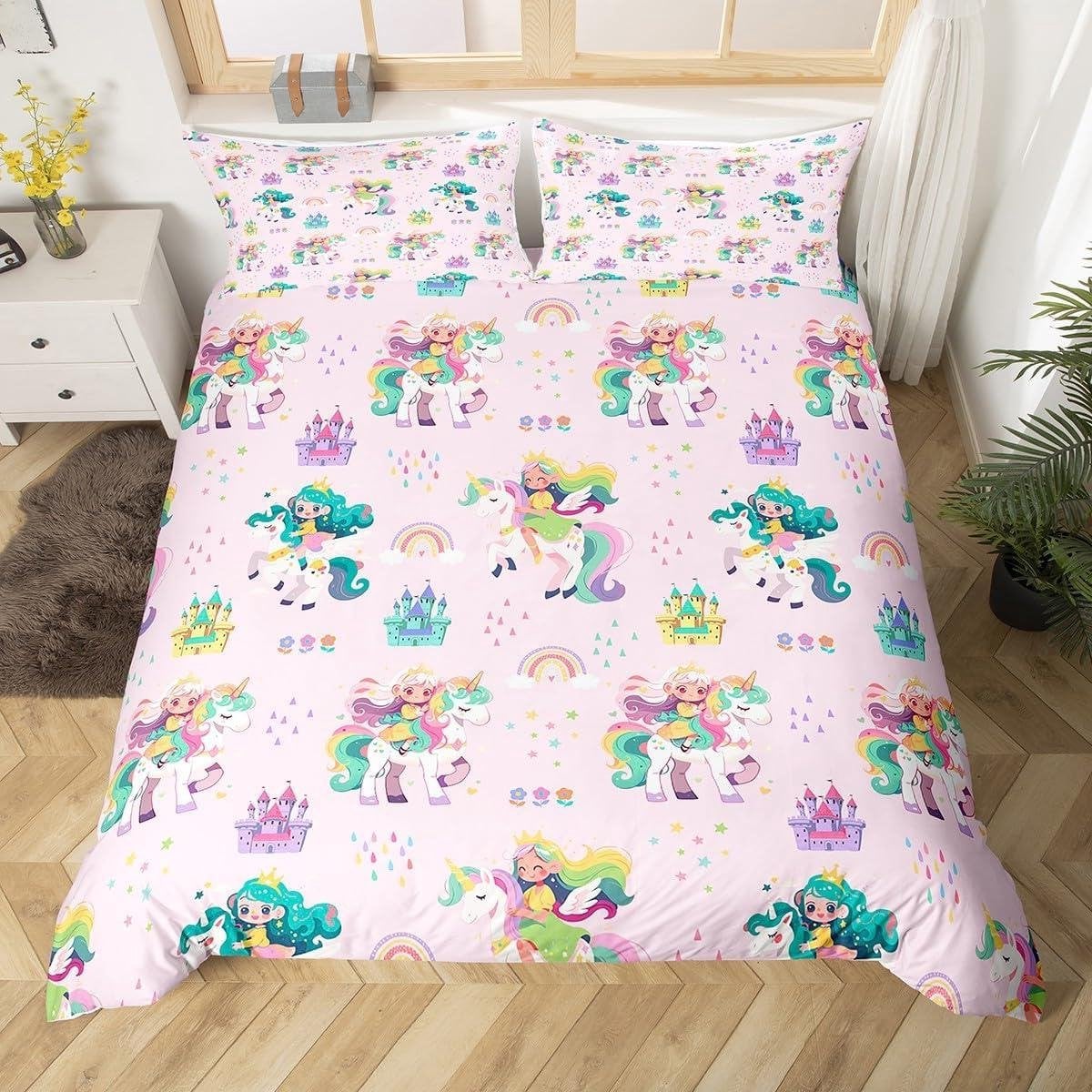 Dekbedovertrek Set Beddengoed Sprookje Regenboog Roze Groen 200x200 cm
