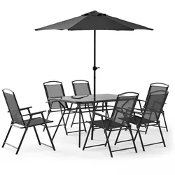 Oviala Business Gartenmöbel Tisch und 6 Klappstühle mit zentralem Sonnenschirm