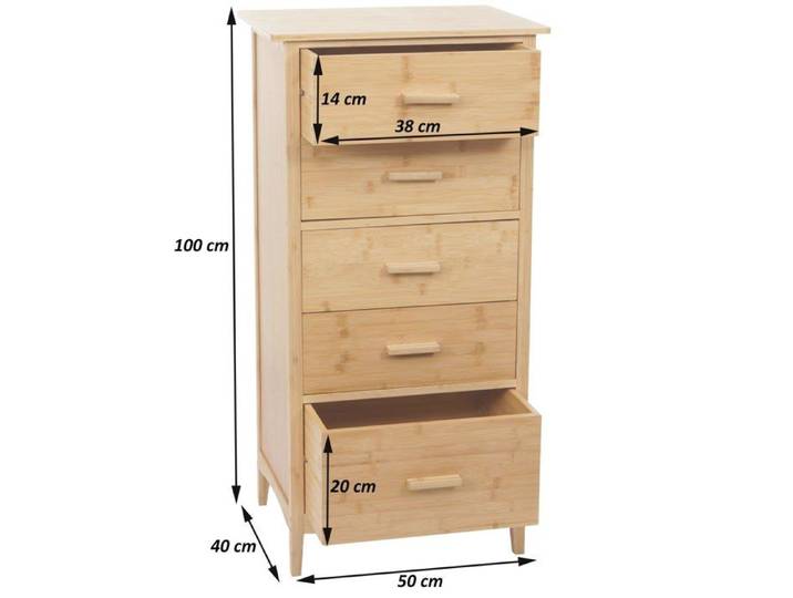 Commode en bambou HWC-M24 5 tiroirs 100x50x40cm