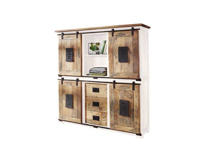 Highboard mit 4 Rolltüren Massivholz weiß Mango 150 cm - montiert - EMANUEL