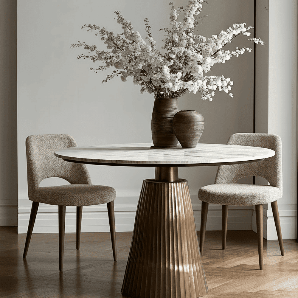 Rezina Antique Bronze Ribbed Round Dining Table with Taupe Marble Top