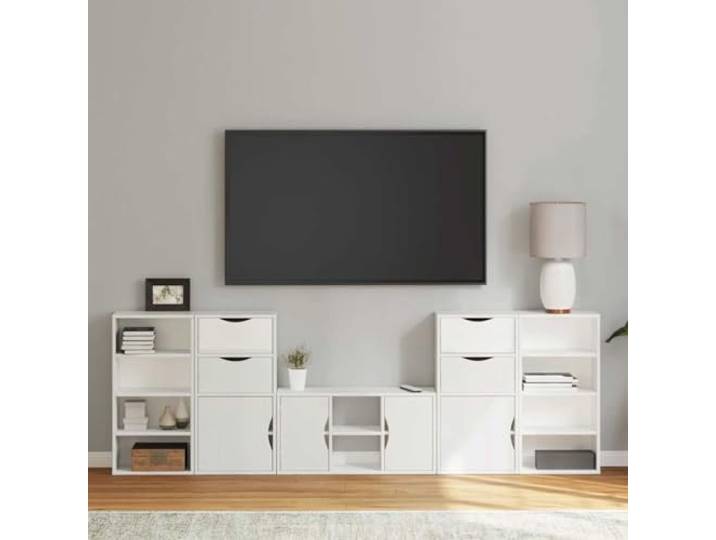 HEFZGDB ODDA Weiß Kiefer Massivholz Wohnwand mit Stauraum, 5-TLG. TV-Schrank und Aufbewahrungsmöbel, Modulares Design für Vielseitige Anordnung, Stabile Oberplatte, Robustes
