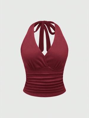 Daily Discovery Women's Halter Crop Top Backless Y2K Ruched Summer Going Out Top claret s