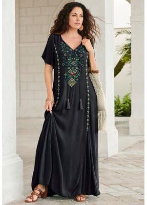 Plus Size Women's Plus Size Flutter Sleeve Hand Crinkled Maxi Dress - Curvy A-Line by Roaman's in Multi Folk Embroidery (Size 30/32)