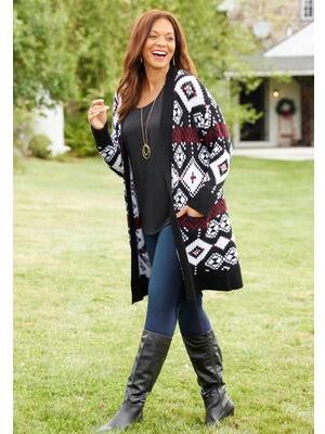 Plus Size Women's Classic Fair Isle Coatigan by Catherines in Black Fair Isle (Size 3X)