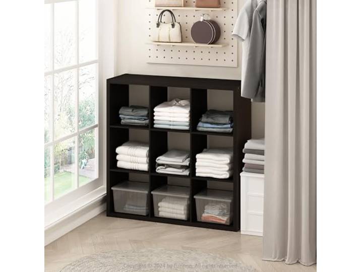 Furinno Cubic Offenes Rückwand-Multifunktionsregal für Kleidung & Schrankaufbewahrung, 9-Fächer, Dunkle Eiche