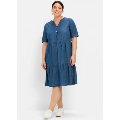 Jeanskleid SHEEGO "Jeanskleid", Damen, Gr. 48, Normalgrößen, blau (blau denim), 100% Baumwolle, unifarben, knielang, V-Ausschnitt, Kleider