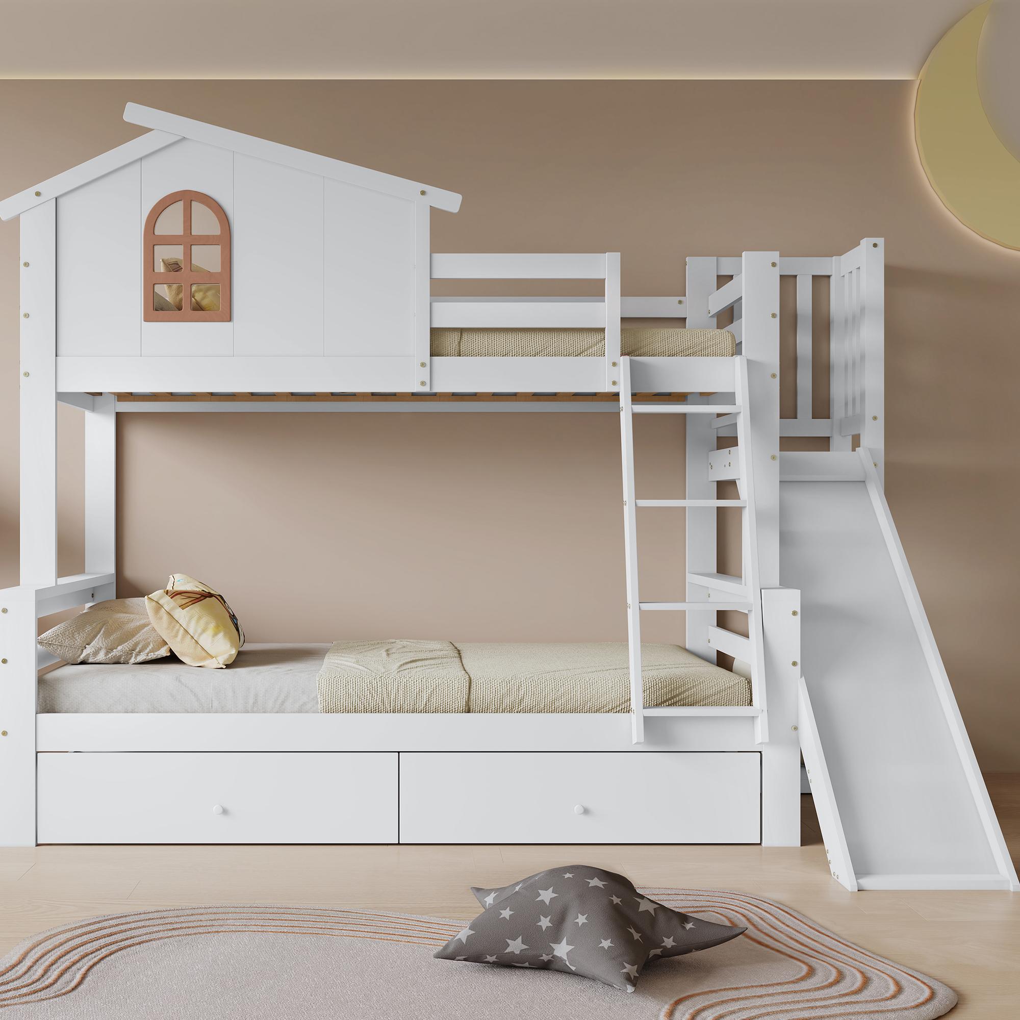 Mutter-Kind-Bett mit Rutschbahn & Spielzone - Sicher mit Leiter und Stauraum - 90x200 & 120x200cm, Weiß
