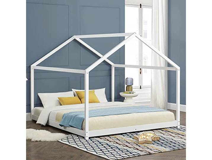 [en.casa] Kinderbett Cerro Hausbett Jugendbett Bettenhaus mit Lattenrost Montessori Bett aus massiver Kiefer Bettgestell 160x200cm Weiß