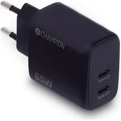 Champion Ladegerät 65W PD Schwarz (65 W, 2 Ports), USB Ladegerät, Schwarz