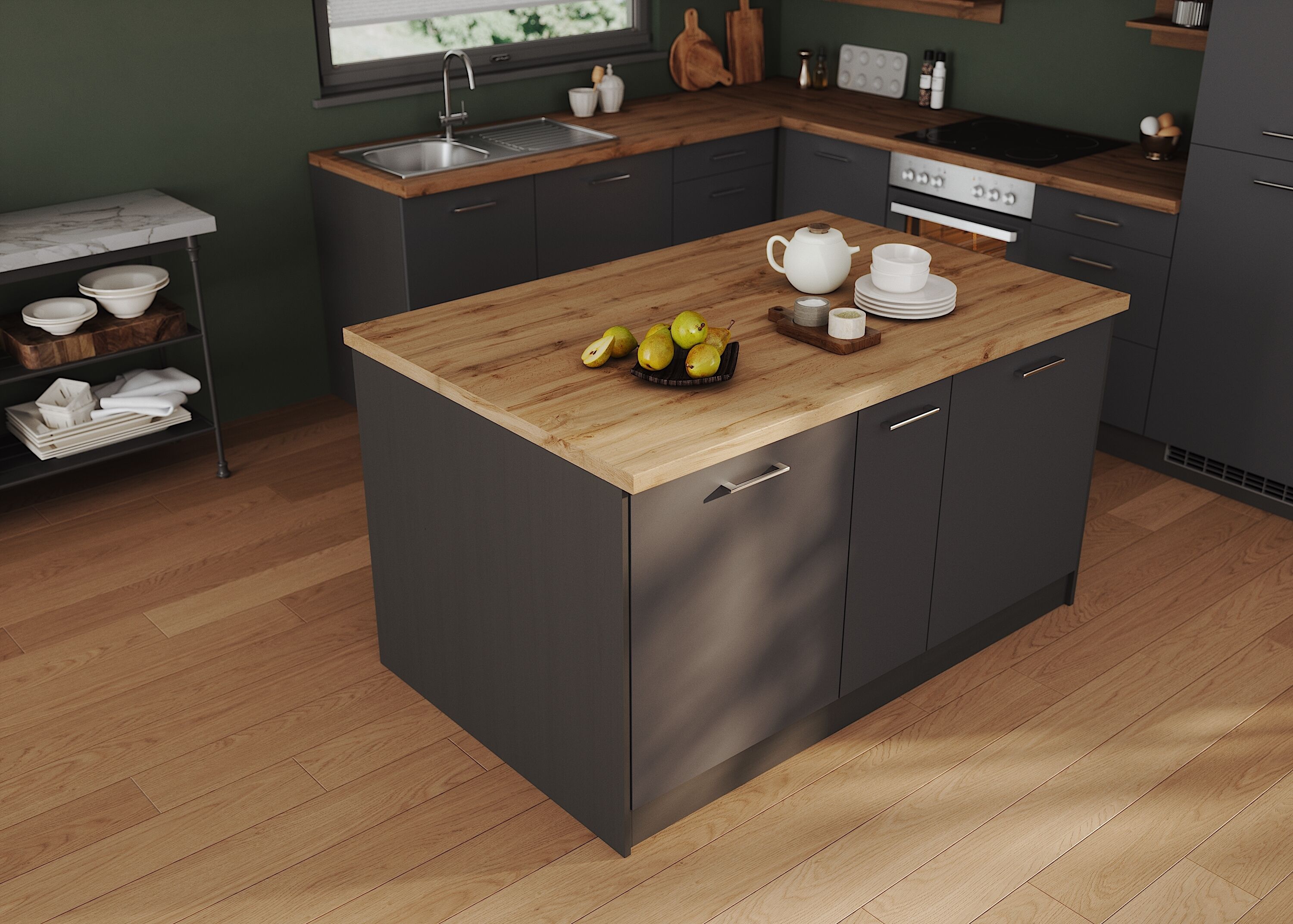 Kücheninsel KOCHSTATION "KS-Milan", grau (küche: grau, front: anthrazit, korpus: grafitgrau, arbeitsplatte: wotaneiche), B:153cm H:86cm T:100cm, Komplettküchen-Sets, Kücheninsel, Stellmaß 153/100 cm, viel Stauraum, Lebensmittelpunkt: Küche